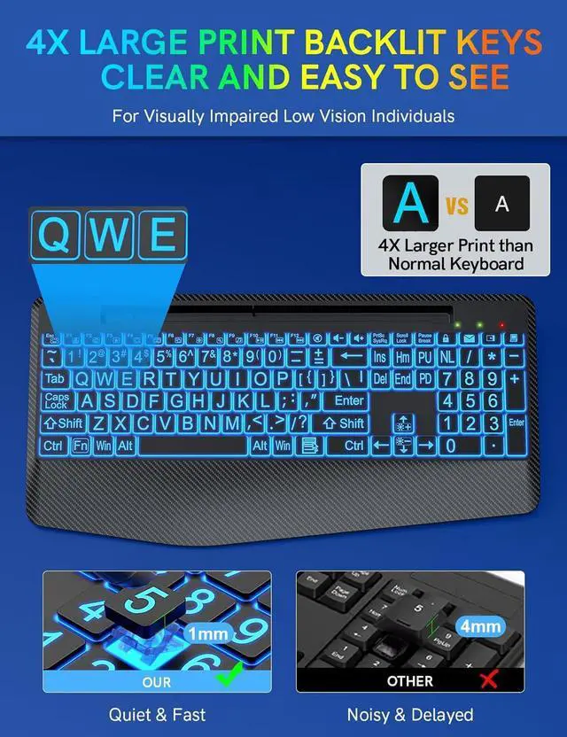 Alt view image 6 of 7 - Wireless Keyboard with 7 Colored Backlits, Wrist Rest, Phone Holder, Rechargeable Ergonomic Computer Keyboard with Silent Keys, Full Size Lighted Keyboard for Windows, Mac, PC, Laptop (Large Print)