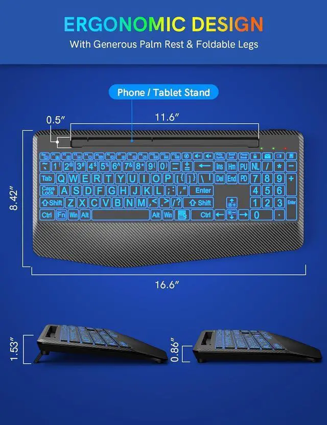 Alt view image 7 of 7 - Wireless Keyboard with 7 Colored Backlits, Wrist Rest, Phone Holder, Rechargeable Ergonomic Computer Keyboard with Silent Keys, Full Size Lighted Keyboard for Windows, Mac, PC, Laptop (Large Print)