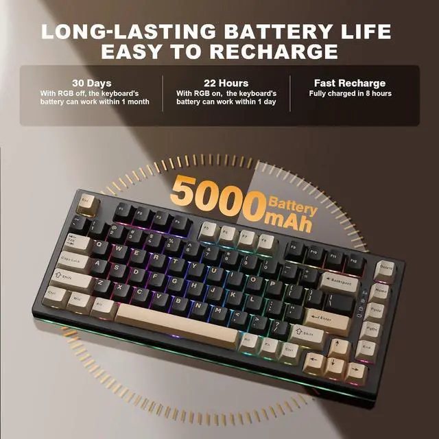 Alt view image 6 of 7 - YUNZII YZ75 75% Hot Swappable Wireless Gaming Mechanical Keyboard, RGB Backlights, BT5.0/2.4G/USB-C, Dye Sub PBT Keycaps for Linux/Win/Mac (Black, Gateron G Pro Yellow)