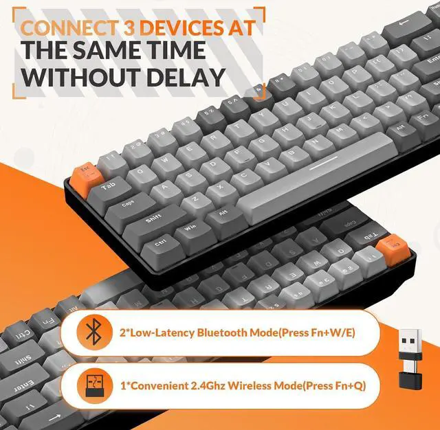 Alt view image 4 of 7 - Magic-Refiner K68 60% Wireless Mechanical Keyboard, Bluetooth 5.0/2.4GHz with Dual Mode 2-in-1 Receiver, Ergonomic Compact 68-Key Hot Swappable Gaming Keyboard, Red Switch for Mac Windows PC