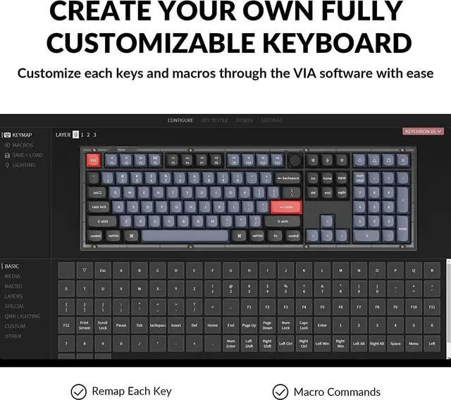 Alt view image 4 of 7 - Keychron V6 Wired Custom Mechanical Keyboard Knob Version, QMK/VIA Full-Size Programmable with Hot-swappable Keychron K Pro Red Switch Compatible for Mac Windows Linux (Frosted Black-Translucent)