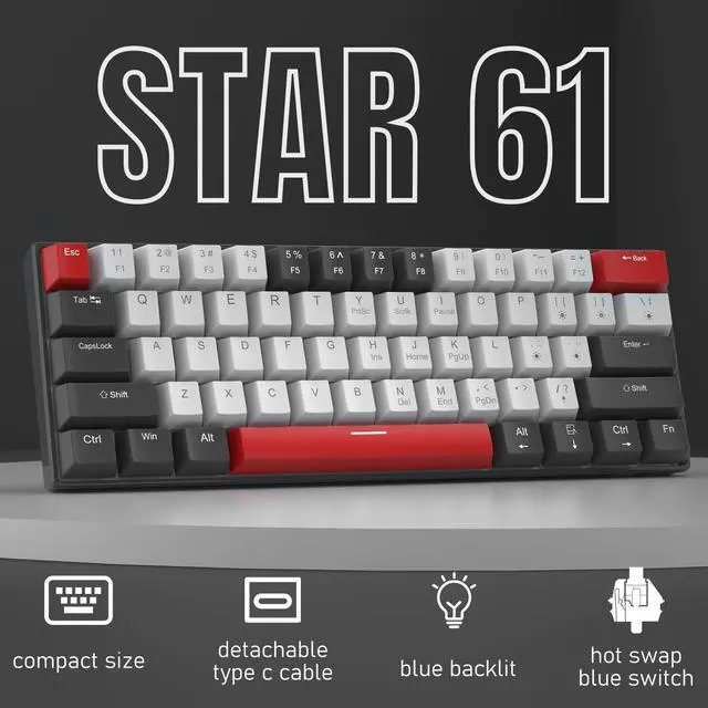 Alt view image 2 of 7 - 60 Percent Mechanical Gaming Keyboard, Black&Gray Mixed Color Keycaps Gaming Keyboard with Blue Switches, Detachable Type-C Cable Mini Keyboard with Powder Blue Light for Windows/Mac/PC/Laptop