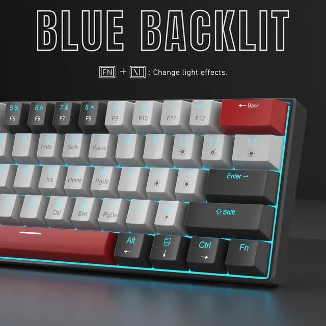 Alt view image 4 of 7 - 60 Percent Mechanical Gaming Keyboard, Black&Gray Mixed Color Keycaps Gaming Keyboard with Blue Switches, Detachable Type-C Cable Mini Keyboard with Powder Blue Light for Windows/Mac/PC/Laptop