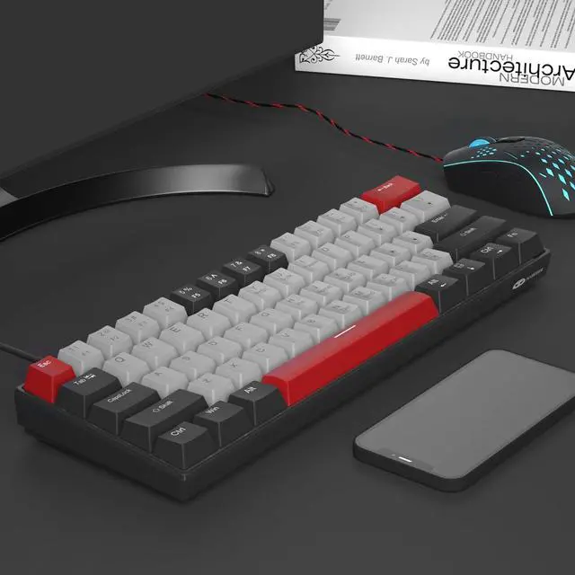 Alt view image 7 of 7 - 60 Percent Mechanical Gaming Keyboard, Black&Gray Mixed Color Keycaps Gaming Keyboard with Blue Switches, Detachable Type-C Cable Mini Keyboard with Powder Blue Light for Windows/Mac/PC/Laptop