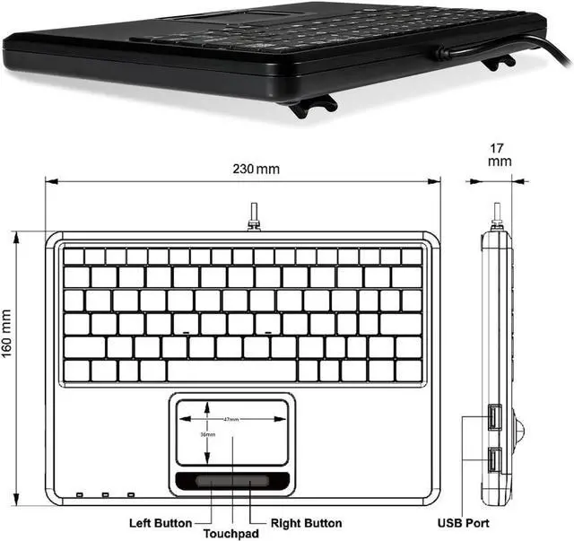 Alt view image 4 of 5 - 510H Plus, Wired Super Mini USB Touchpad Keyboard, X Type Scissor Keys with 2 Built-in Hubs, Black, US English Layout (11005)