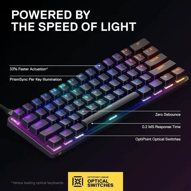 Alt view image 3 of 7 - New SteelSeries Apex 9 Mini  HotSwap Optical Mini Keyboard  60% Compact Design  Optical Switches  RGB Customization  Aluminum Alloy Frame  Double Shot PBT Keycap