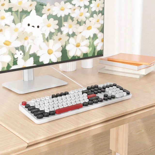 Alt view image 7 of 7 - Retro Punk Keyboard,Full Size Typewriter Keyboard Floating Key Design, Wired USB, with Foldable Stands Compatible with PC/Mac/Laptop/Computer Keyboard(White)