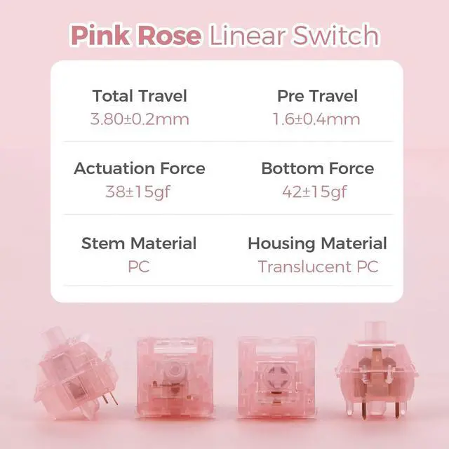 Alt view image 3 of 7 - KiiBoom Linear 38gf Pink Rose Mechanical Keyboard Switch, 5 Pin Keyboard Switch with PC Stem, Translucent PC Housing, 35 Pieces for Gaming DIY Keyboard