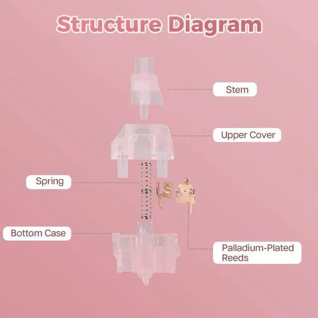Alt view image 5 of 7 - KiiBoom Linear 38gf Pink Rose Mechanical Keyboard Switch, 5 Pin Keyboard Switch with PC Stem, Translucent PC Housing, 35 Pieces for Gaming DIY Keyboard