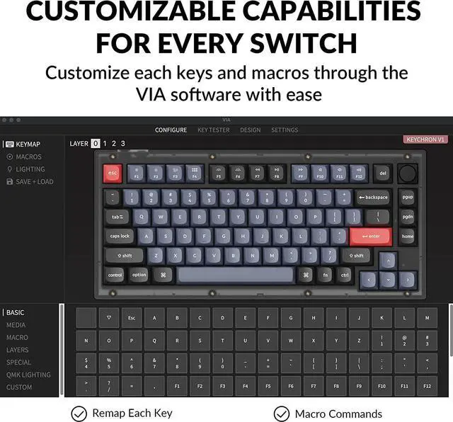 Alt view image 3 of 7 - Keychron V1 Hot-swappable Custom Mechanical Keyboard, 75% Layout Knob QMK/VIA Programmable RGB Backlight, Type-C Wired with Keychorn K Pro Brown Switch for Mac Windows - Frosted Black (Translucent)