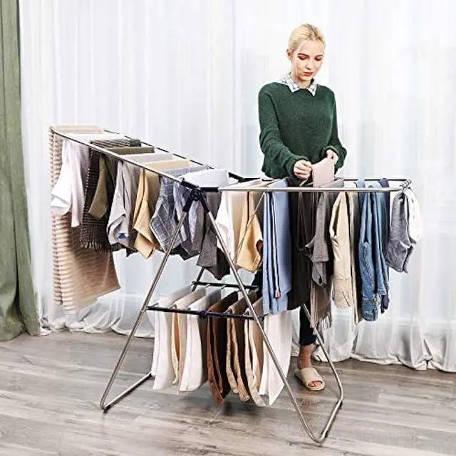 Alt view image 2 of 5 - SONGMICS Clothes Drying Rack, with Bonus Sock Clips, Stainless Steel Gullwing Space-Saving Laundry Rack, Foldable for Easy Storage, Silver