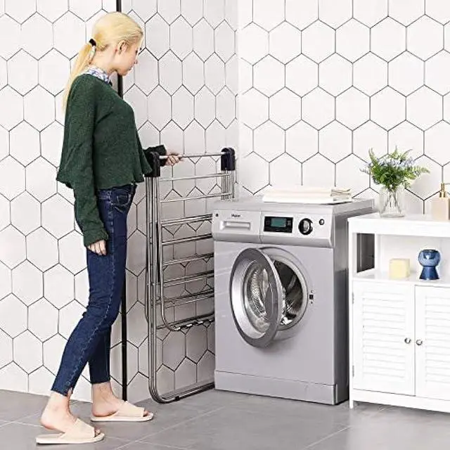 Alt view image 3 of 5 - SONGMICS Clothes Drying Rack, with Bonus Sock Clips, Stainless Steel Gullwing Space-Saving Laundry Rack, Foldable for Easy Storage, Silver