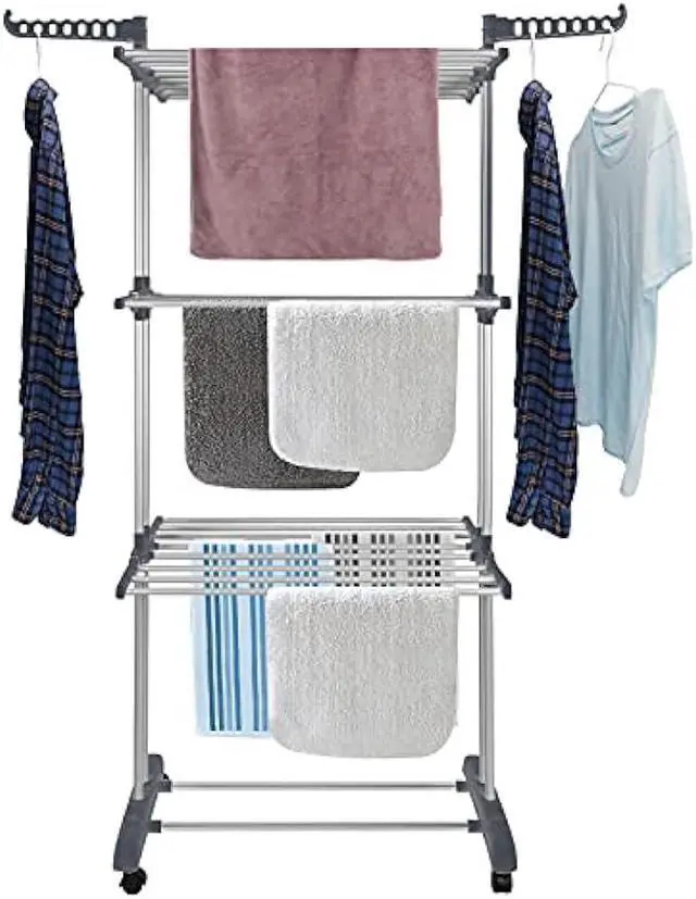 Main image of Bigzzia Clothes Drying Rack Folding Drying Rack Clothing 4 Tier Clothes Horses Rack Stainless Steel Laundry Drying Rack with Two Side Wings Grey