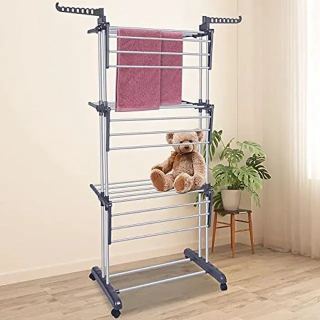 Alt view image 2 of 5 - Bigzzia Clothes Drying Rack Folding Drying Rack Clothing 4 Tier Clothes Horses Rack Stainless Steel Laundry Drying Rack with Two Side Wings Grey