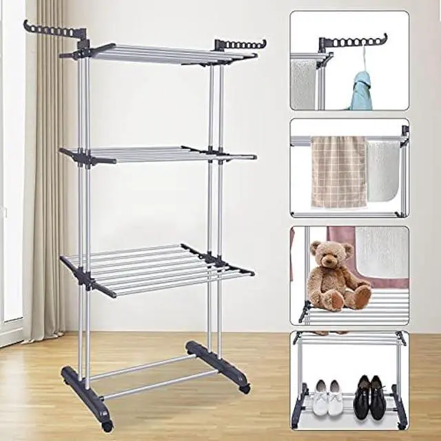 Alt view image 3 of 5 - Bigzzia Clothes Drying Rack Folding Drying Rack Clothing 4 Tier Clothes Horses Rack Stainless Steel Laundry Drying Rack with Two Side Wings Grey