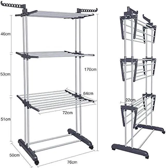 Alt view image 4 of 5 - Bigzzia Clothes Drying Rack Folding Drying Rack Clothing 4 Tier Clothes Horses Rack Stainless Steel Laundry Drying Rack with Two Side Wings Grey