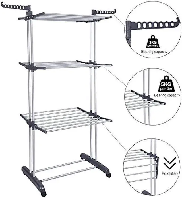 Alt view image 5 of 5 - Bigzzia Clothes Drying Rack Folding Drying Rack Clothing 4 Tier Clothes Horses Rack Stainless Steel Laundry Drying Rack with Two Side Wings Grey