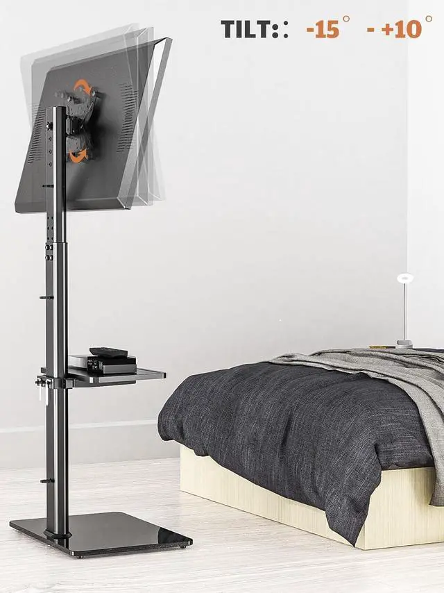 Alt view image 3 of 7 - Universal Floor TV Stand with Mount for 19 to 43 inch Flat Screen TV, 100 Degree Swivel,Adjustable Height and Tilt Function, 2 Shelves Space Saving Standing TV Mount for Bedroom Living Room Corner