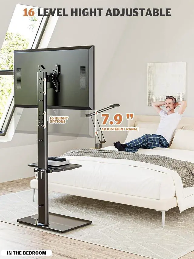 Alt view image 5 of 7 - Universal Floor TV Stand with Mount for 19 to 43 inch Flat Screen TV, 100 Degree Swivel,Adjustable Height and Tilt Function, 2 Shelves Space Saving Standing TV Mount for Bedroom Living Room Corner