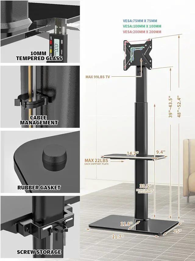 Alt view image 6 of 7 - Universal Floor TV Stand with Mount for 19 to 43 inch Flat Screen TV, 100 Degree Swivel,Adjustable Height and Tilt Function, 2 Shelves Space Saving Standing TV Mount for Bedroom Living Room Corner