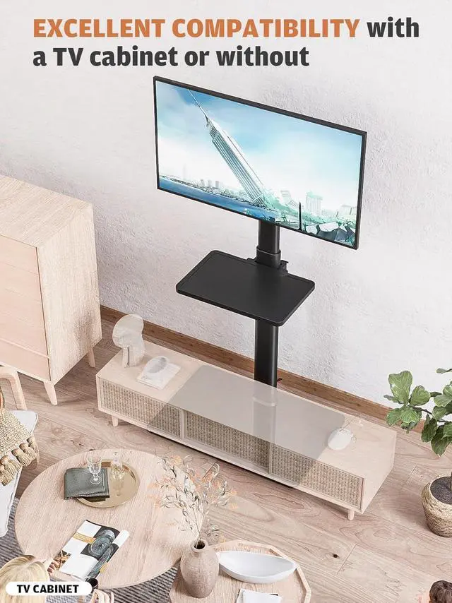 Alt view image 7 of 7 - Universal Floor TV Stand with Mount for 19 to 43 inch Flat Screen TV, 100 Degree Swivel,Adjustable Height and Tilt Function, 2 Shelves Space Saving Standing TV Mount for Bedroom Living Room Corner