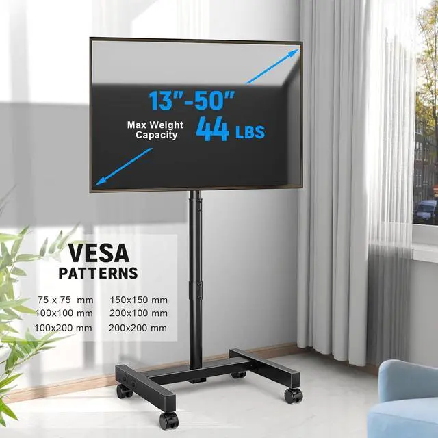 Alt view image 2 of 7 - Mobile TV Cart Rolling TV Stand for 13-50 inch Screens, Tilting and Rotating Mount, Portrait to Landscape, Height Adjustable Portable TV Stand with Wheels Holds up to 44lbs Max VESA 200x200mm