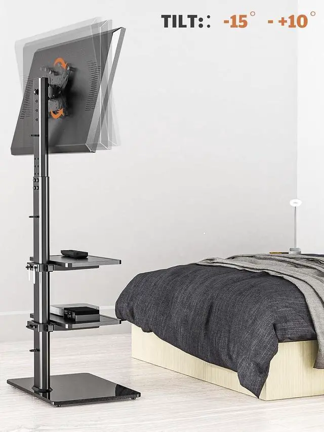 Alt view image 3 of 7 - Universal Floor TV Stand with Mount for 19 to 43 inch Flat Screen TV, 100 Degree Swivel,Adjustable Height and Tilt Function, 3 Shelves Space Saving Standing TV Mount for Bedroom Living Room Corner