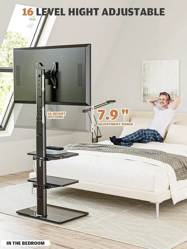 Alt view image 5 of 7 - Universal Floor TV Stand with Mount for 19 to 43 inch Flat Screen TV, 100 Degree Swivel,Adjustable Height and Tilt Function, 3 Shelves Space Saving Standing TV Mount for Bedroom Living Room Corner