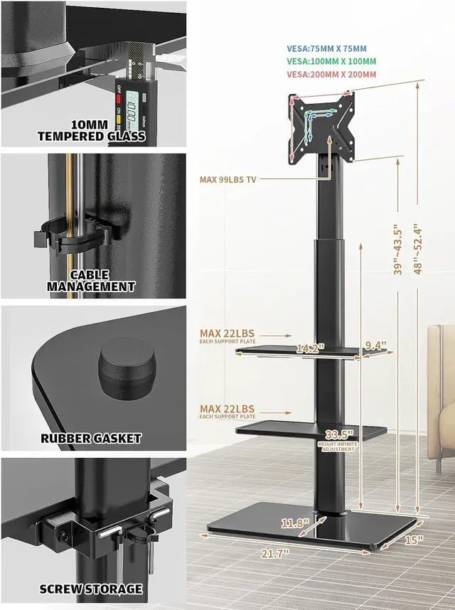 Alt view image 6 of 7 - Universal Floor TV Stand with Mount for 19 to 43 inch Flat Screen TV, 100 Degree Swivel,Adjustable Height and Tilt Function, 3 Shelves Space Saving Standing TV Mount for Bedroom Living Room Corner