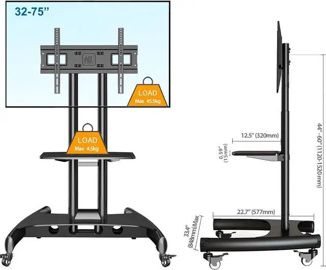 Alt view image 3 of 6 - Bayou Mobile TV Cart Rooling TV Stand with Wheels for 32 to 75 Inch LCD LED OLED Plasma Flat Panel Screens up to 100lbs AVA1500-60-1P (Black)
