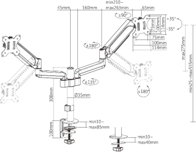 Alt view image 5 of 6 - AnthroDesk Deluxe Gas Spring Dual Monitor Stand, Heavy Duty Mount Arms for Two 17''-32'' LED/LCD Computer Monitors (Black-Dual-Mount)