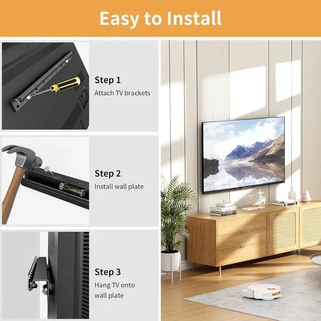 Alt view image 5 of 6 - Studless TV Wall Mount for 12-55 Inch TVs, No Stud No Drill TVs Mount, VESA 100x100mm to 400x400mm, Up to 100 Lbs, Slim & Secure Low-Profile TV Bracket with New Bubble Level