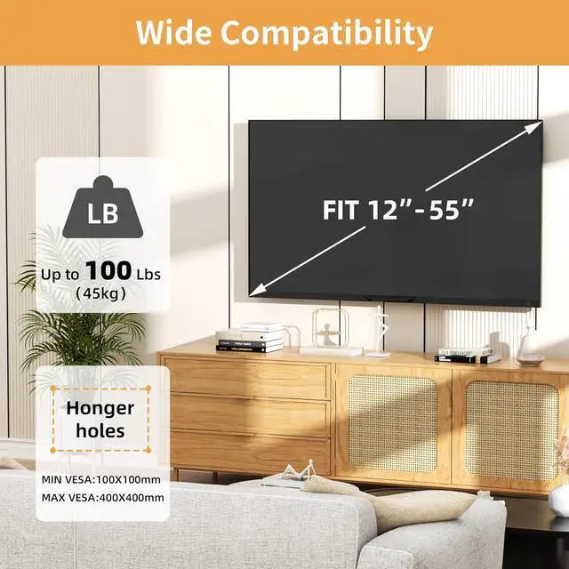 Alt view image 3 of 6 - Studless TV Wall Mount for 12-55 Inch TVs, No Stud No Drill TVs Mount, VESA 100x100mm to 400x400mm, Up to 100 Lbs, Slim & Secure Low-Profile TV Bracket with New Bubble Level
