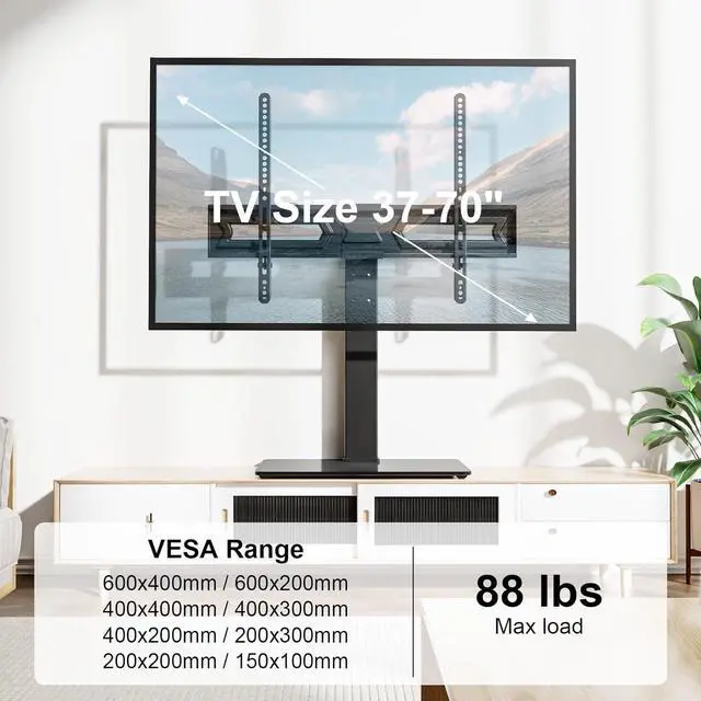 Alt view image 5 of 7 - Universal Swivel TV Stand Base Table Top TV Stand for 37 to 65 70 75 Inch LCD LED TVs Height Adjustable TV Mount Stand with Tempered Glass Base Holds up to 88lbs Max VESA 600x400mm