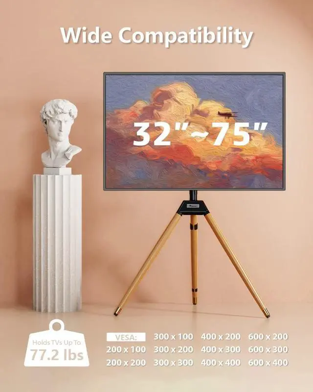 Alt view image 2 of 7 - Tripod TV Stand for 32-75 Inch Screen up to 77lbs, Height Adjustable Easel TV Floor Stand with Wood Legs and Cable Ties