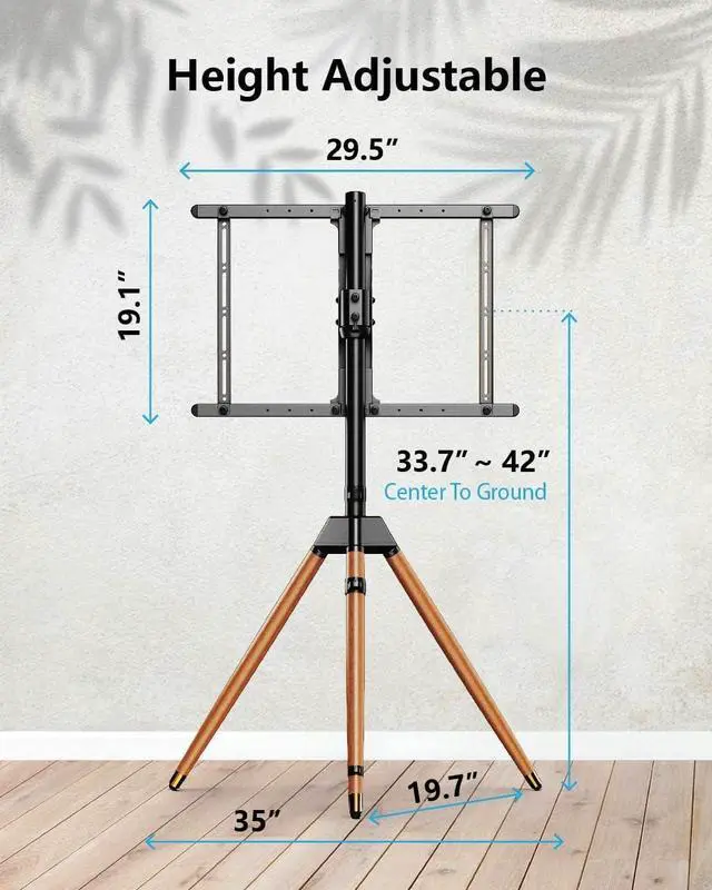 Alt view image 4 of 7 - Tripod TV Stand for 32-75 Inch Screen up to 77lbs, Height Adjustable Easel TV Floor Stand with Wood Legs and Cable Ties