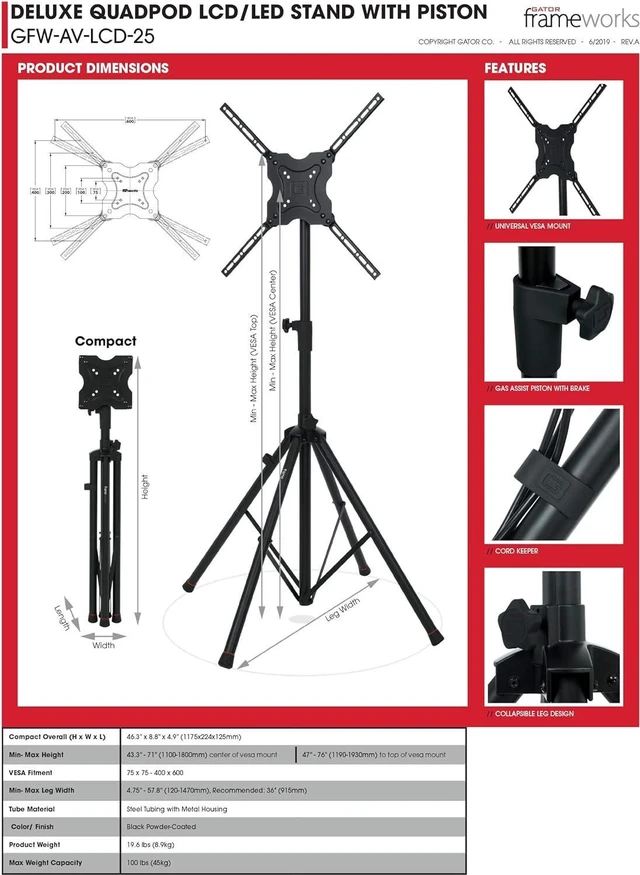 Alt view image 6 of 7 - Gator Frameworks Deluxe Adjustable Quadpod LCD/LED TV Monitor Stand with Lift Piston; Fits Screens up to 65" (GFW-AV-LCD-25), Red