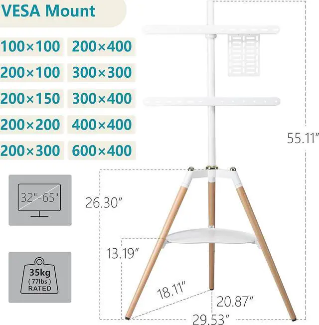 Alt view image 4 of 7 - ETHU Tripod Easel TV Stand for 45-65 inch LED LCD Screen Flat Curved Screen, Height Adjustable Studio TV Display Stand with 140° Swivel for Bedroom, Living Room, Corner TV Stand (White)