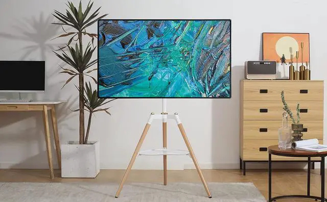 Alt view image 6 of 7 - ETHU Tripod Easel TV Stand for 45-65 inch LED LCD Screen Flat Curved Screen, Height Adjustable Studio TV Display Stand with 140° Swivel for Bedroom, Living Room, Corner TV Stand (White)