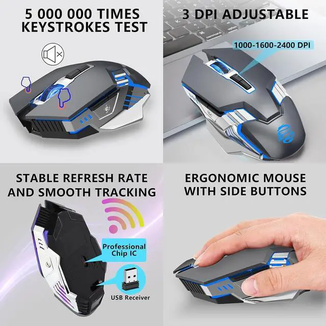 Alt view image 5 of 7 - Wireless Gaming Mouse Bluetooth Mouse, Quiet Click, 800mAh Long-Lasting Rechargeable Battery, Multi Device, 7 Buttons,Light up Computer Mice for Laptop PC iPad Tablet MacBook Office Games - Grey