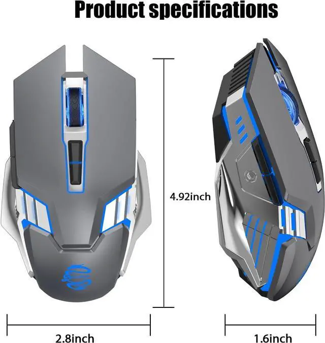 Alt view image 7 of 7 - Wireless Gaming Mouse Bluetooth Mouse, Quiet Click, 800mAh Long-Lasting Rechargeable Battery, Multi Device, 7 Buttons,Light up Computer Mice for Laptop PC iPad Tablet MacBook Office Games - Grey