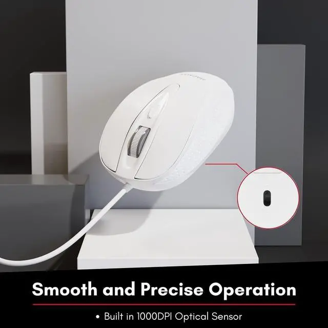 Alt view image 3 of 7 - Macally USB Wired Mouse with 3 Button, Scroll Wheel, & 5 Foot Long Cord, Compatible with Apple Macbook Pro / Air, iMac, Mac Mini, Laptops, Desktop Computer, & Windows PC (TURBO) , White