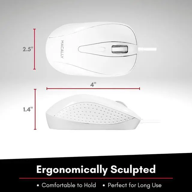 Alt view image 4 of 7 - Macally USB Wired Mouse with 3 Button, Scroll Wheel, & 5 Foot Long Cord, Compatible with Apple Macbook Pro / Air, iMac, Mac Mini, Laptops, Desktop Computer, & Windows PC (TURBO) , White