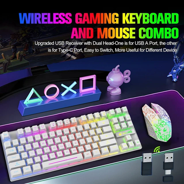 Alt view image 2 of 7 - Wireless Gaming Keyboard and Mouse Combo with 87 Key Rainbow LED Backlight Rechargeable 3800mAh Battery Mechanical Feel Anti-ghosting Ergonomic Waterproof RGB Mute Mice for Computer PC Gamer (White)