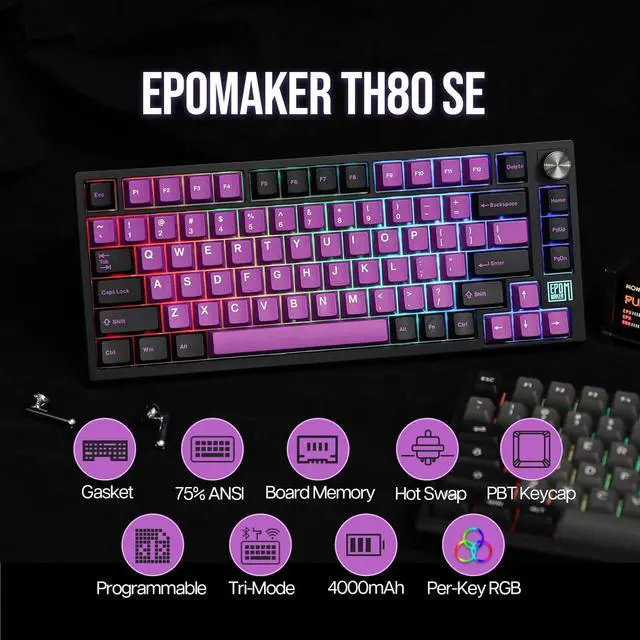 Alt view image 2 of 7 - EPOMAKER TH80 SE Gasket 75% Mechanical Keyboard, NKRO Hot Swap RGB Triple Mode Gaming Keyboard with Poron/EVA Foam, Knob Control for E-Sport/Win/Mac (TH80 SE Black Purple, Gateron Pro Yellow)