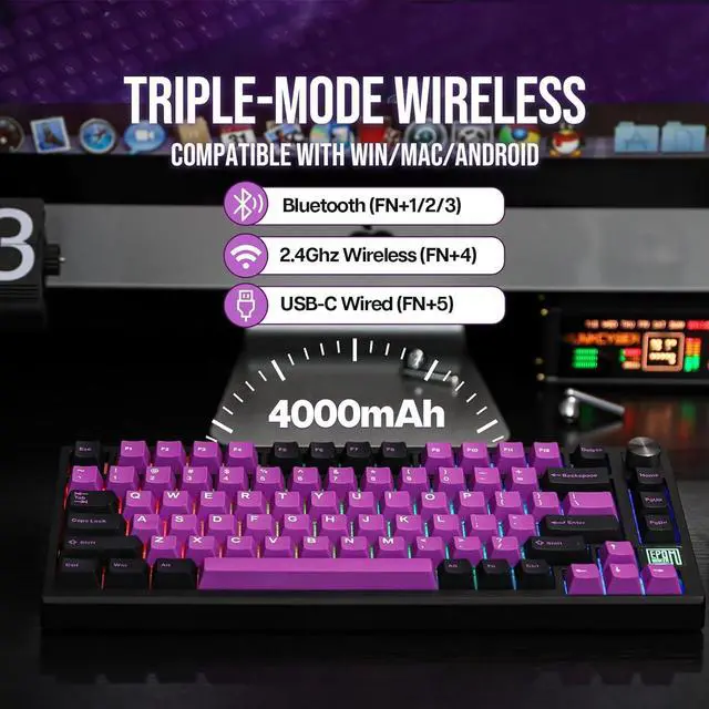 Alt view image 3 of 7 - EPOMAKER TH80 SE Gasket 75% Mechanical Keyboard, NKRO Hot Swap RGB Triple Mode Gaming Keyboard with Poron/EVA Foam, Knob Control for E-Sport/Win/Mac (TH80 SE Black Purple, Gateron Pro Yellow)