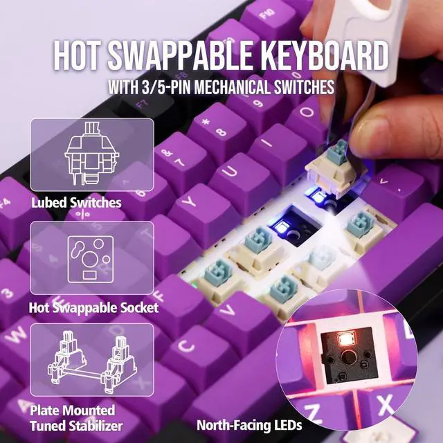 Alt view image 4 of 7 - EPOMAKER TH80 SE Gasket 75% Mechanical Keyboard, NKRO Hot Swap RGB Triple Mode Gaming Keyboard with Poron/EVA Foam, Knob Control for E-Sport/Win/Mac (TH80 SE Black Purple, Gateron Pro Yellow)