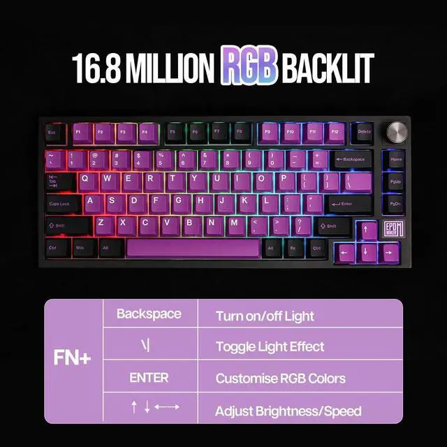Alt view image 5 of 7 - EPOMAKER TH80 SE Gasket 75% Mechanical Keyboard, NKRO Hot Swap RGB Triple Mode Gaming Keyboard with Poron/EVA Foam, Knob Control for E-Sport/Win/Mac (TH80 SE Black Purple, Gateron Pro Yellow)