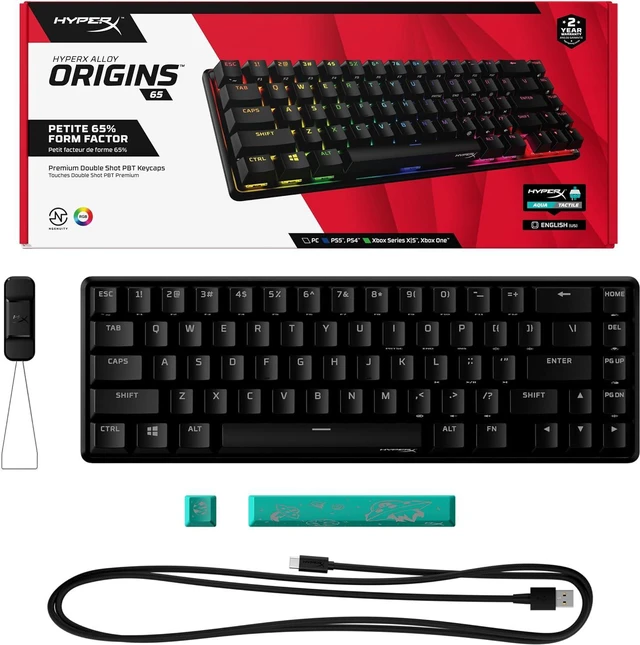 Alt view image 4 of 7 - HyperX Alloy Origins 65 - Mechanical Gaming Keyboard Compact 65% Form Factor - Tactile Aqua Switch - Double Shot PBT Keycaps - RGB LED Backlit - NGENUITY Software Compatible