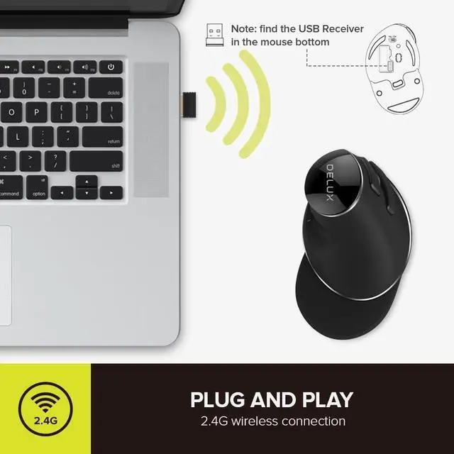 Alt view image 3 of 7 - DeLUX Wireless Ergonomic Vertical Mouse - 2.4G with USB Receiver, Silent Clicks, 1600 DPI, 6 Buttons, Removable Wrist Rest, for Laptop PC (M618Plus Wireless-Black)